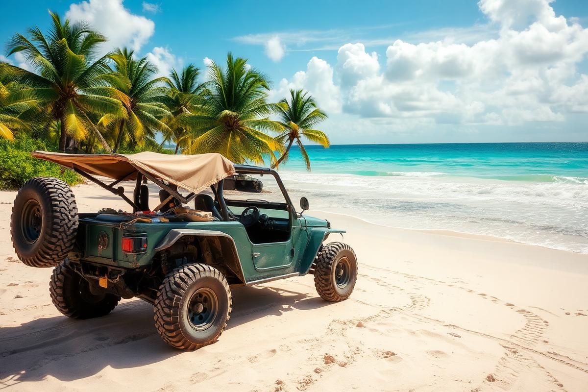 Buggy estacionado en una playa virgen del Caribe con palmeras