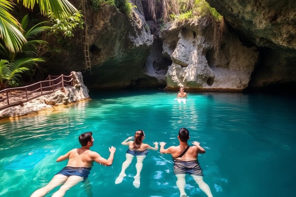 Viajeros nadando en un cenote de aguas turquesas en Punta Cana