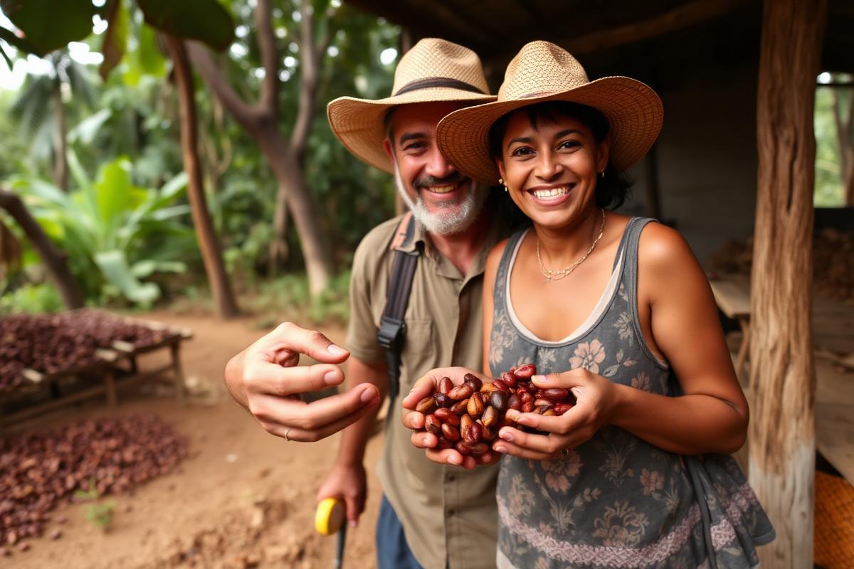 Guía dominicano mostrando cacao en una finca típica de la zona
