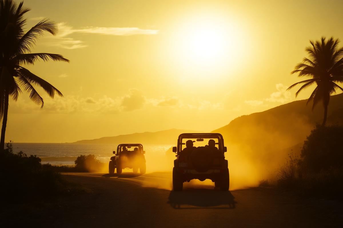 Buggys en silueta sobre un camino costero al atardecer