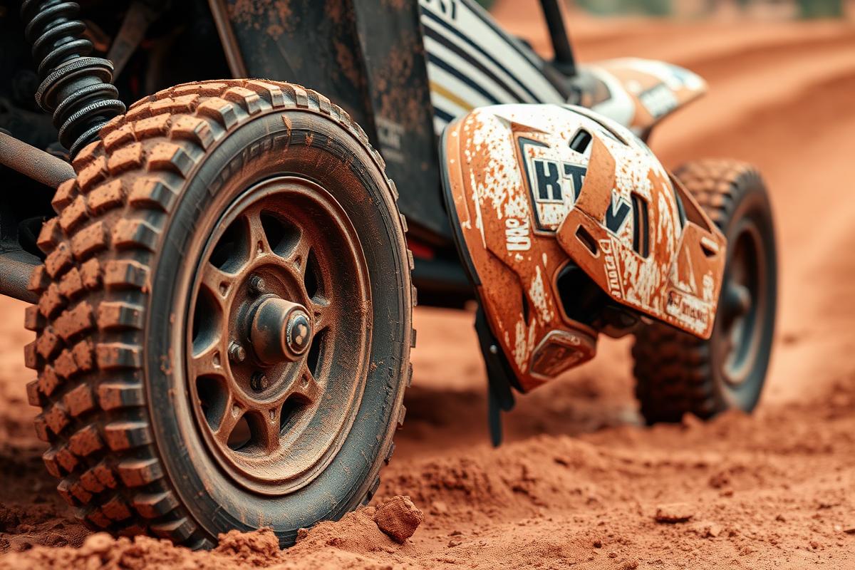 Detalle de la rueda de un buggy embarrada sobre tierra roja