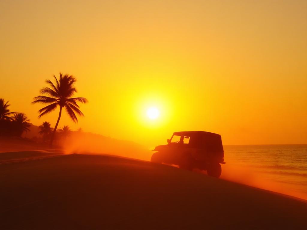 Silueta de un buggy recorriendo la costa durante un atardecer dorado