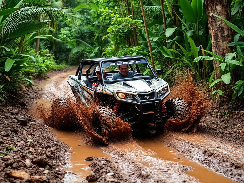 Buggy atravesando lodo en un sendero de selva tropical