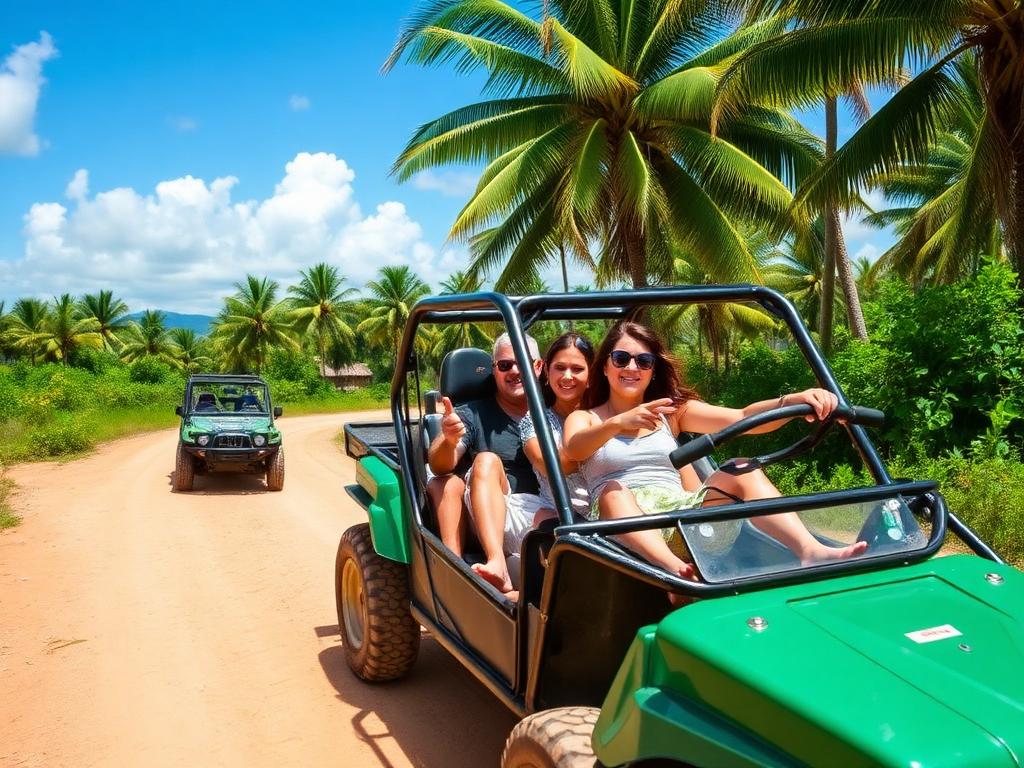 Familia sonriendo a bordo de un buggy en un camino de tierra entre palmeras