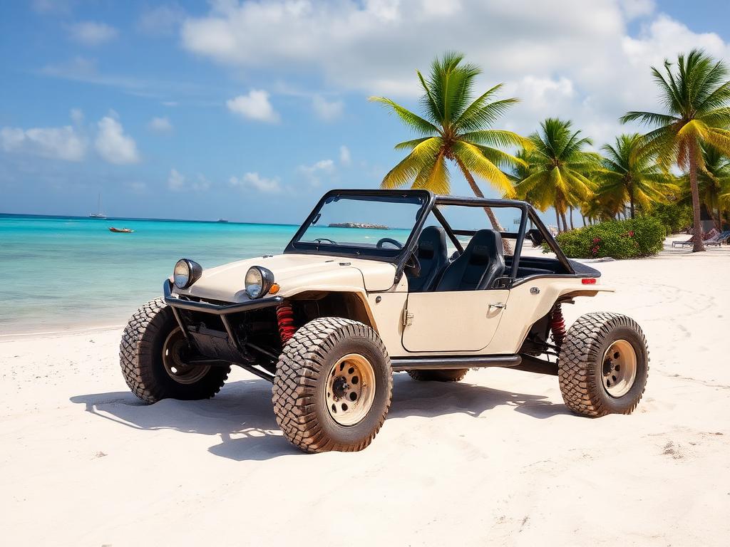 Buggy estacionado en una playa de arena blanca con agua turquesa